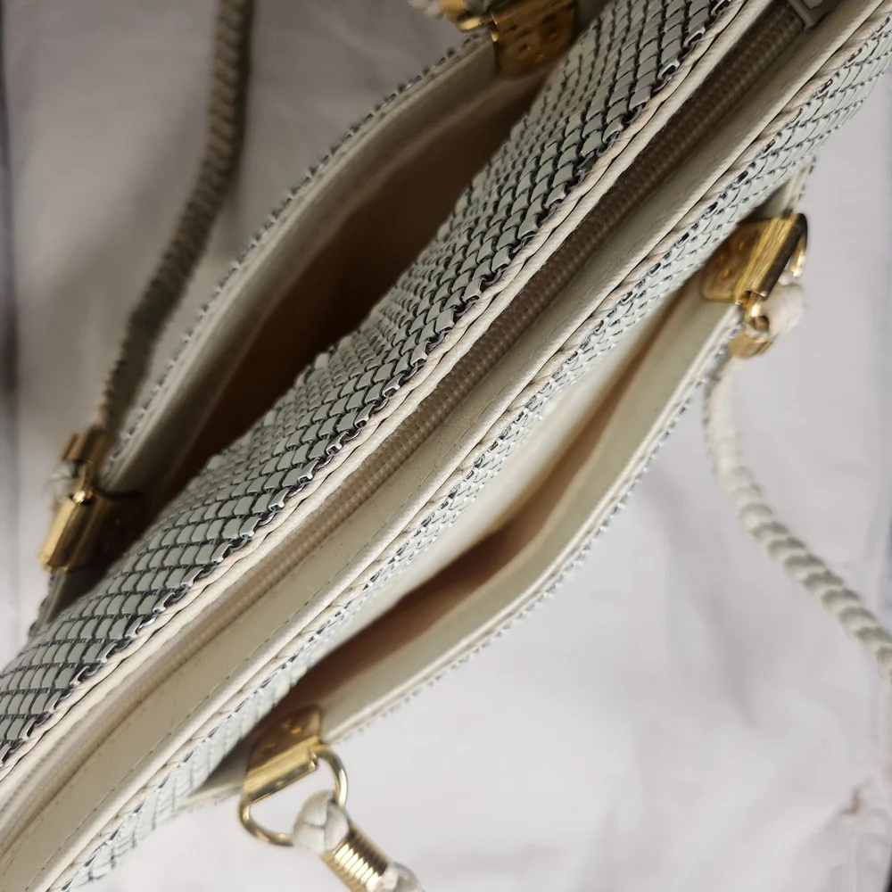 Retro Offwhite Tote Chainmail-like Diamond Shaped Links Cover It Gold Accents